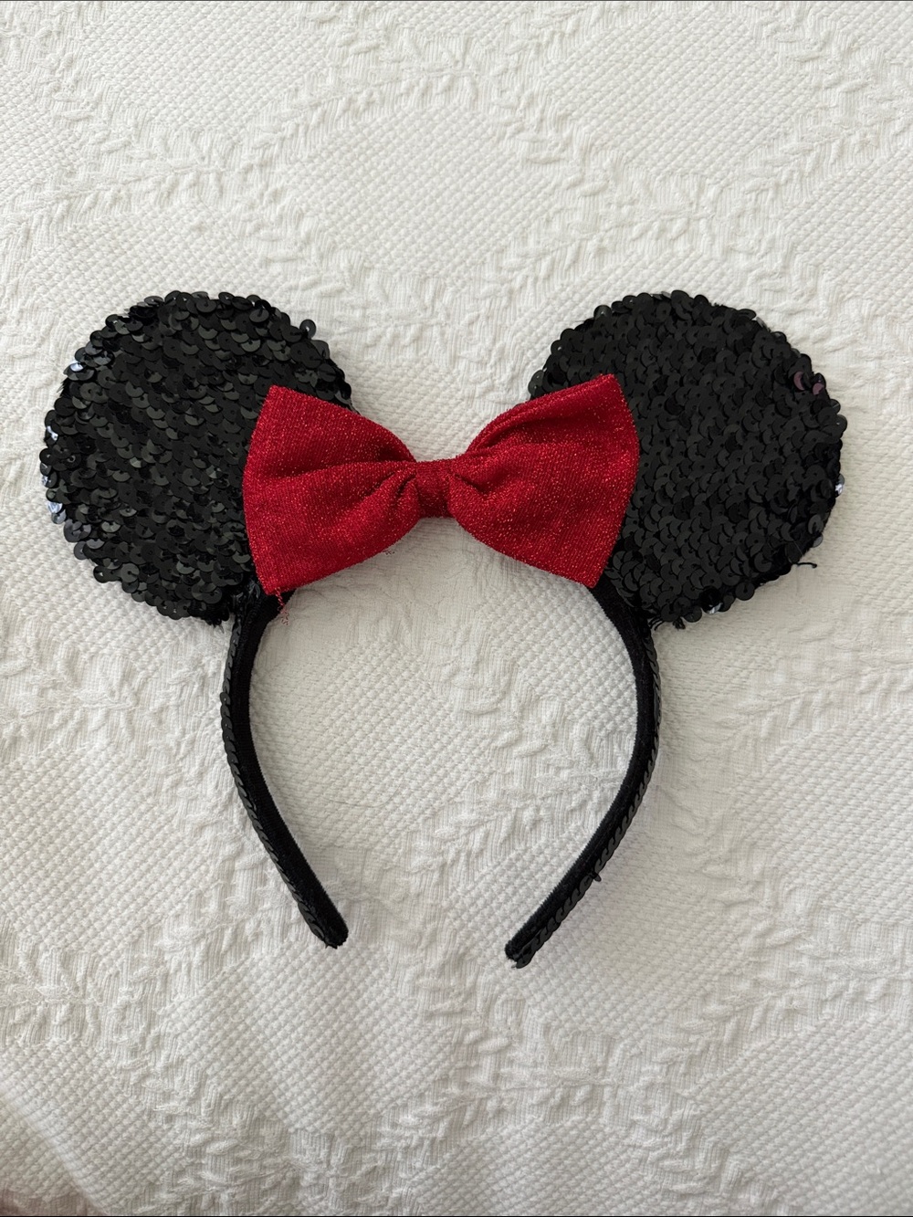 Vintage Sequin Black Minnie Ear Headband with Red Bow
